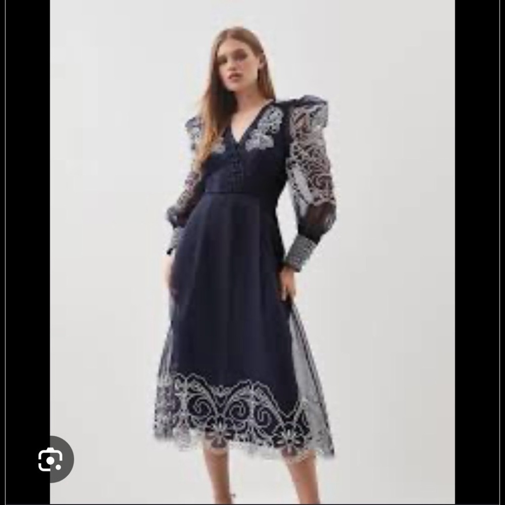 Cutwork Organdie | Navy and White Long Buttoned Sleeve Dress